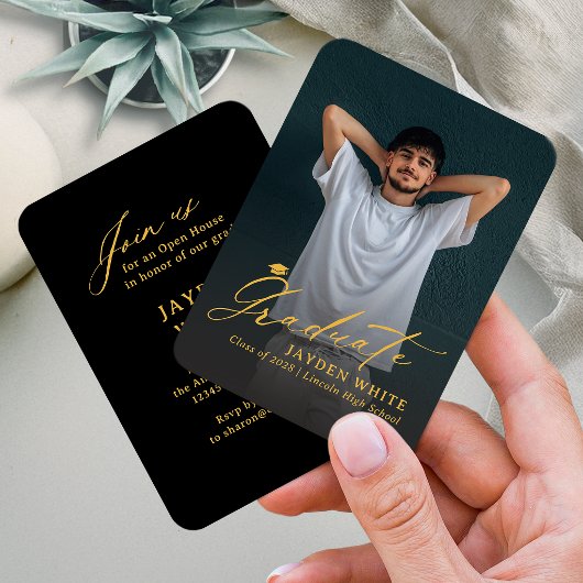 Carte D'accompagnement Black Gold Mini Modern Script Photo Graduation