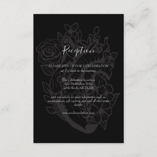 Carte D'accompagnement Black & Grey Floral Heart Réception de mariage got (Devant)
