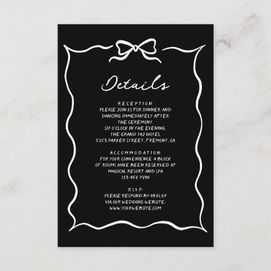 Carte D'accompagnement Black Hand Drawn White Bow Wedding Details (Devant)