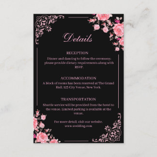Carte D'accompagnement Black & Pink Floral Wedding Enclosure Card