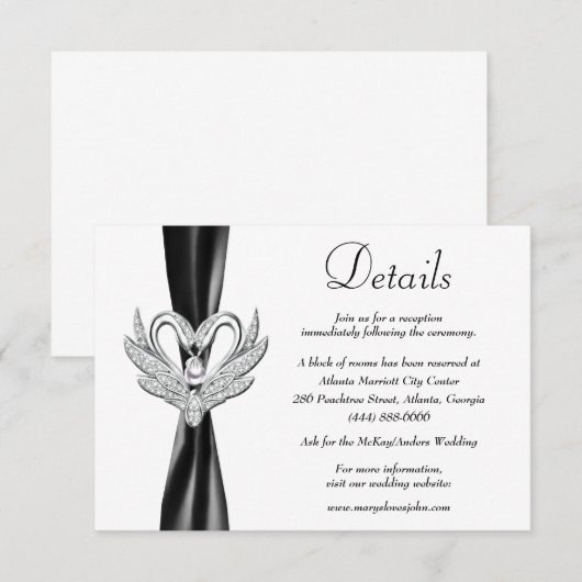 Carte D'accompagnement Black Ribbon Silver Swans Détails du Mariage (Devant / Derrière)
