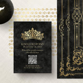 Carte D'accompagnement Black Tiara Crown Quinceanera QR RSVP