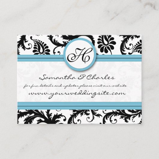 Carte D'accompagnement Black White Damask Pool Blue Trim Site Mariage (Devant)