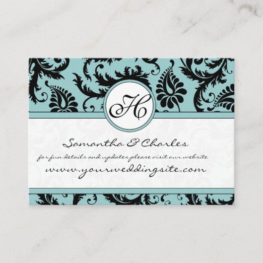 Carte D'accompagnement Black White Damask Pool Blue Trim Site Mariage (Devant)