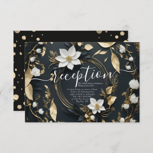 Carte D'accompagnement Black White Gold Floral Wreath Réception de mariag (Devant / Derrière)
