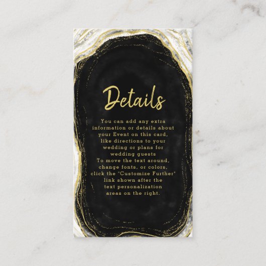 Carte D'accompagnement Black White & Gold Géode Agate Détails du Mariage (Devant)
