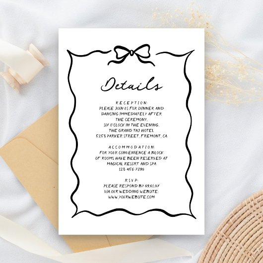 Carte D'accompagnement Black & White Hand Drawn Bow Wedding Details