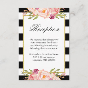 Carte D'accompagnement Black White Stripes Rose Floral Mariage Réception