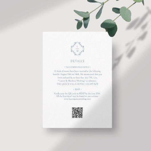 Carte D'accompagnement Blanc + bleu | Floral Monogrammé Mariage de code Q