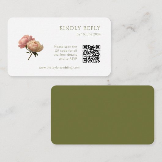 Carte D'accompagnement Blanc et olive | Chic Rose mariage RSVP QR Code (Devant / Derrière)