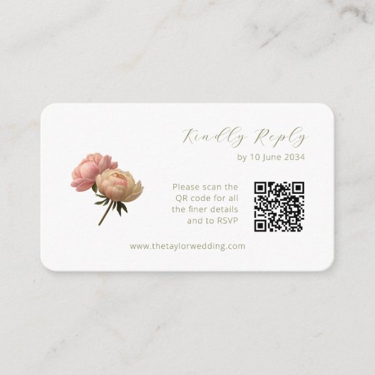 Carte D'accompagnement Blanc et olive | Chic Rose mariage RSVP QR Code (Devant)