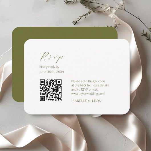 Carte D'accompagnement Blanc et olive | Mariage de code QR simple Chic