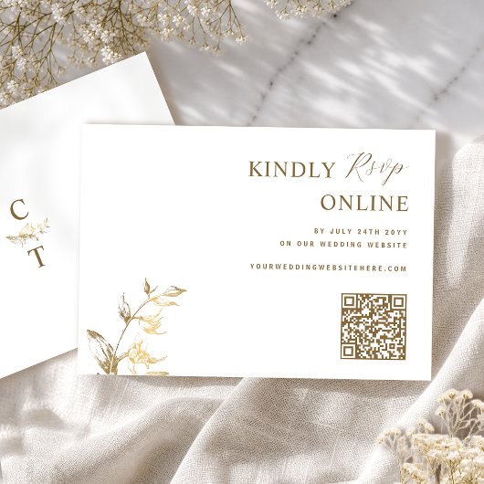 Carte D'accompagnement Blanc et Or Élégant Code QR RSVP Mariage