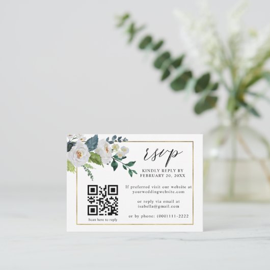 Carte D'accompagnement Blanc Floral Emerald Or QR Code Mariage RSVP (Debout devant)