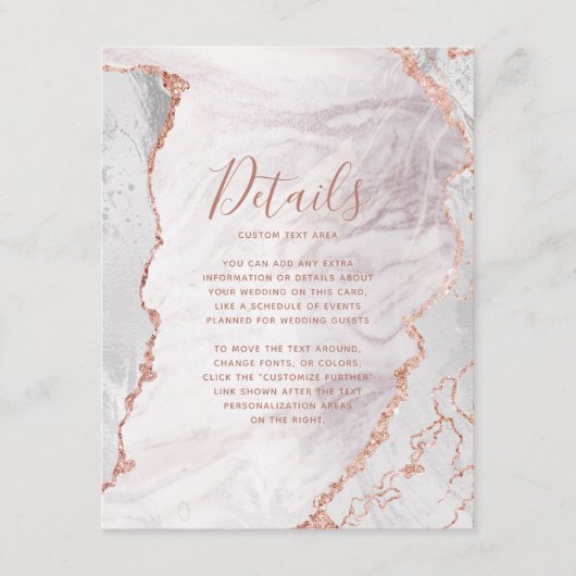 Carte D'accompagnement Blanc & Rose Gold Agate Marbre Détails du Mariage (Devant)