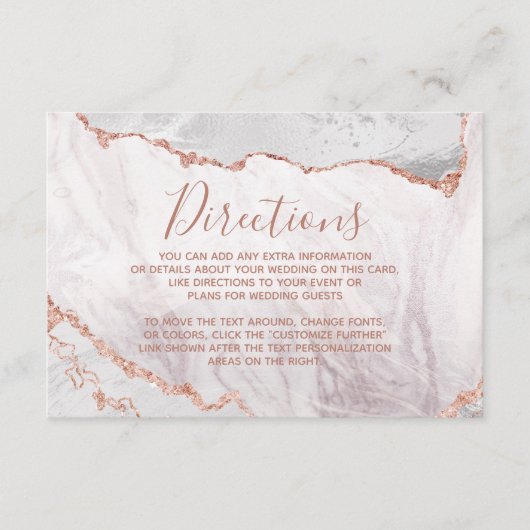 Carte D'accompagnement Blanc & Rose Gold Agate Marbre Mariage Directions (Devant)