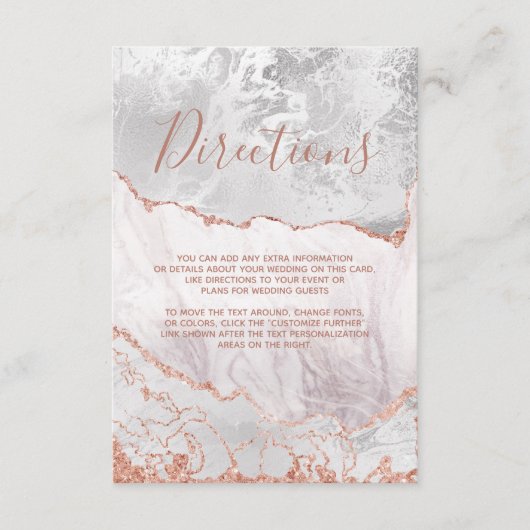 Carte D'accompagnement Blanc & Rose Gold Agate Marbre Mariage Directions (Devant)