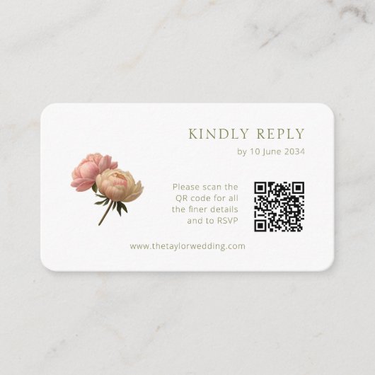 Carte D'accompagnement BLANCHE | Chic Rose mariage RSVP QR Code (Devant)