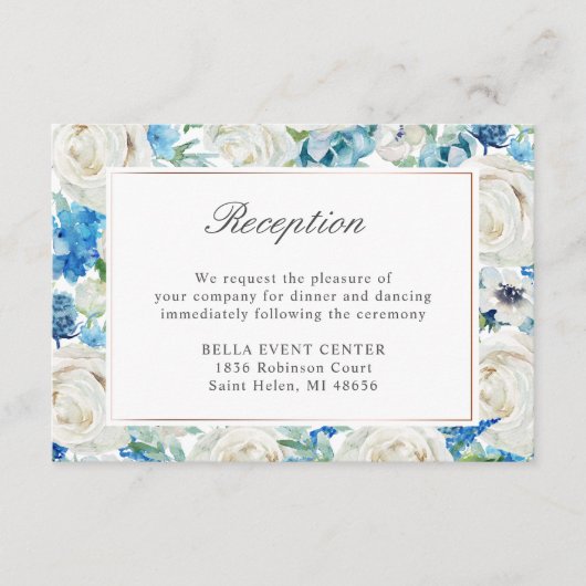 Carte D'accompagnement Bleu Blanc Floral Bordure Mariage Détails Réceptio (Devant)