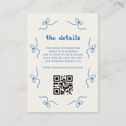 Carte D'accompagnement Bleu Bow Mariage français main dessinée QR Code Dé (Devant)