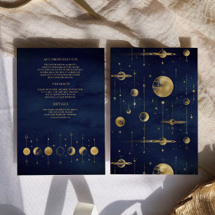Carte D'accompagnement Bleu Céleste Or Croissant de Lune Phases de Lune M