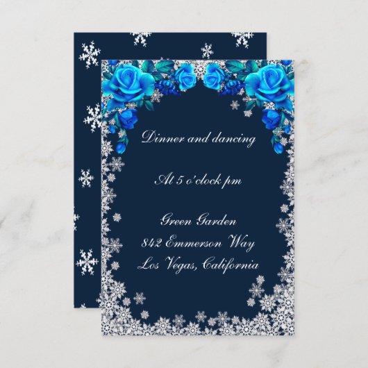 Carte D'accompagnement Bleu clair Roses Flocon de neige Réception de Noël (Devant / Derrière)