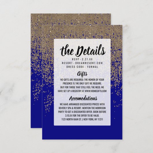 Carte D'accompagnement Bleu Cobalt Parties scintillant Or Ombre Gradient (Devant / Derrière)