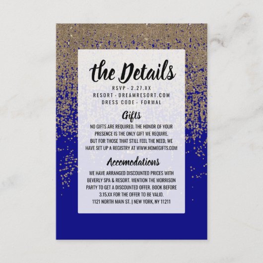 Carte D'accompagnement Bleu Cobalt Parties scintillant Or Ombre Gradient (Devant)