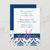 Carte D'accompagnement Bleu Damas Monogramme Réception de mariage (Devant / Derrière)