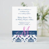 Carte D'accompagnement Bleu Damas Monogramme Réception de mariage (Debout devant)