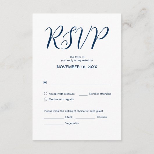 Carte D'accompagnement Bleu de marine esthétique, Dîner Mariage RSVP, Rép (Devant)