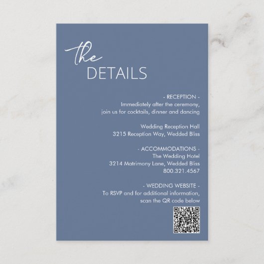 Carte D'accompagnement Bleu Dusty minimum QR Code Mariage moderne (Devant)