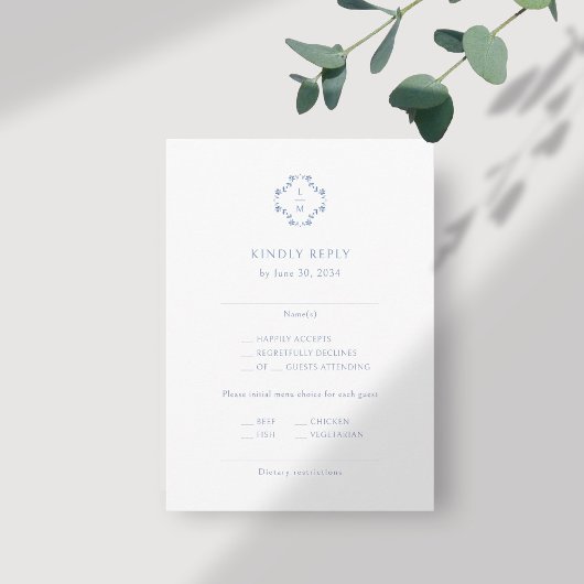 Carte D'accompagnement Bleu et blanc | Mariage monogramme floral RSVP