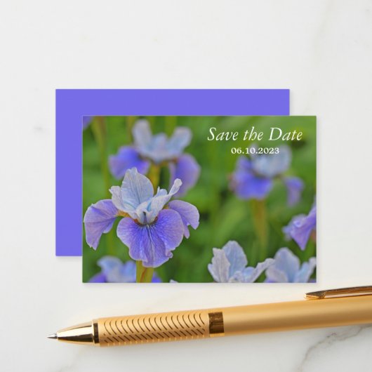 Carte D'accompagnement Bleu Iris Fleur Botanique Enregistrer la date (Devant/Arrière en situation)