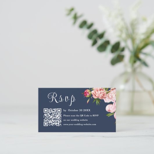 Carte D'accompagnement Bleu Marine Blush rose Photo Rsvp Qr Code Mariage (Debout devant)