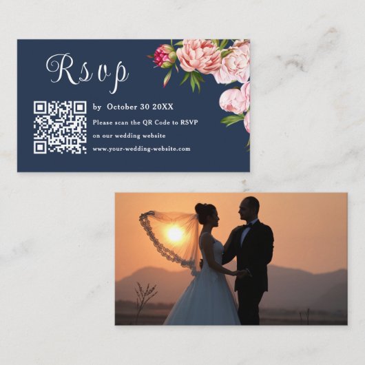 Carte D'accompagnement Bleu Marine Blush rose Photo Rsvp Qr Code Mariage (Devant / Derrière)