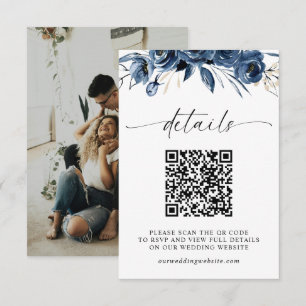 Carte D'accompagnement Bleu marine Élégant Code QR Photo Réponse Mariage