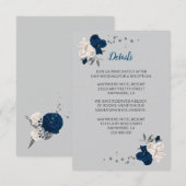 Carte D'accompagnement bleu marine & fleurs blanches argent détails feuil (Devant / Derrière)