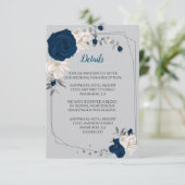 Carte D'accompagnement bleu marine & fleurs blanches argent détails géomé (Debout devant)