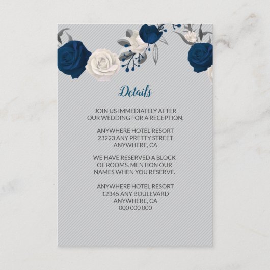 Carte D'accompagnement bleu marine fleurs blanches argent feuille gris dé (Devant)