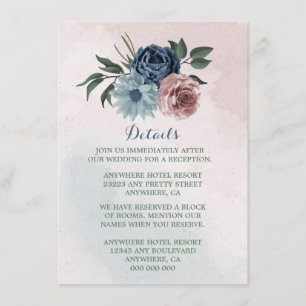 Carte D'accompagnement bleu marine rose roux bleu floral détails
