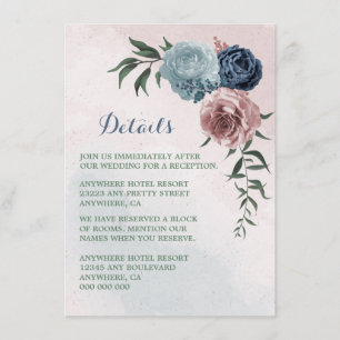 Carte D'accompagnement bleu marine rose roux bleu floral détails
