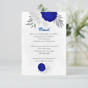 Carte D'accompagnement bleu royal et fleurs blanches argent mariage botan