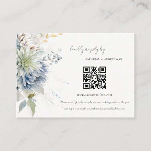 Carte D'accompagnement Bleu Vert Succulent Mariage Floral QR Code RSVP (Devant)