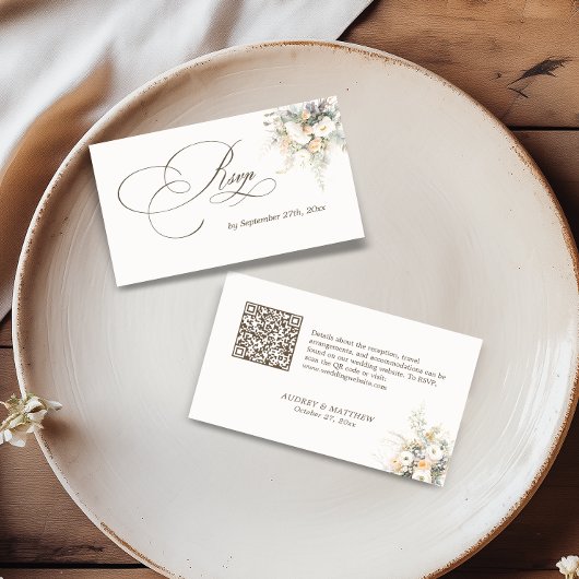 Carte D'accompagnement Blooms blancs rustiques Mariage RSVP QR Code