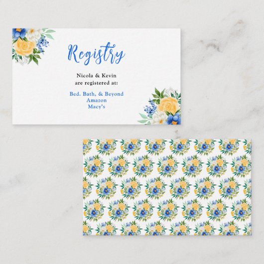 Carte D'accompagnement Blue and Yellow Floral Wedding Registry (Devant / Derrière)