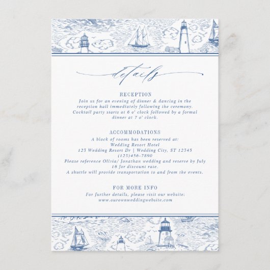 Carte D'accompagnement Blue Coastal Toile Wedding Details (Devant)