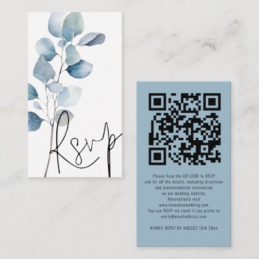 Carte D'accompagnement Blue Eucalyptus Script QR Code Mariage RSVP (Devant / Derrière)