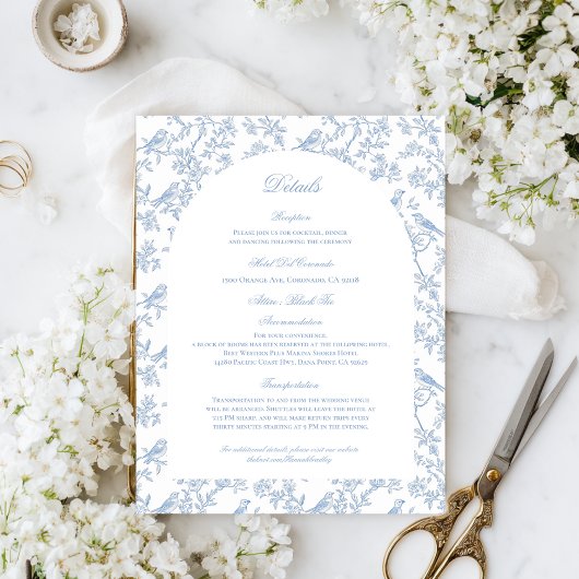 Carte D'accompagnement Blue Floral and Bird Toile Details Enclosure Cards