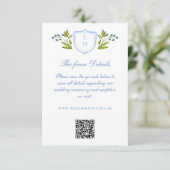 Carte D'accompagnement Blue Floral Crest Wedding Details QR Code (Debout devant)